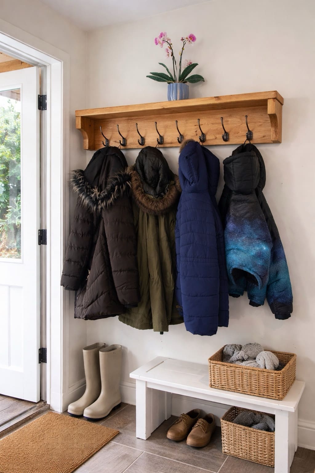 Cast iron hooks on a rustic wooden coat rack with shelf