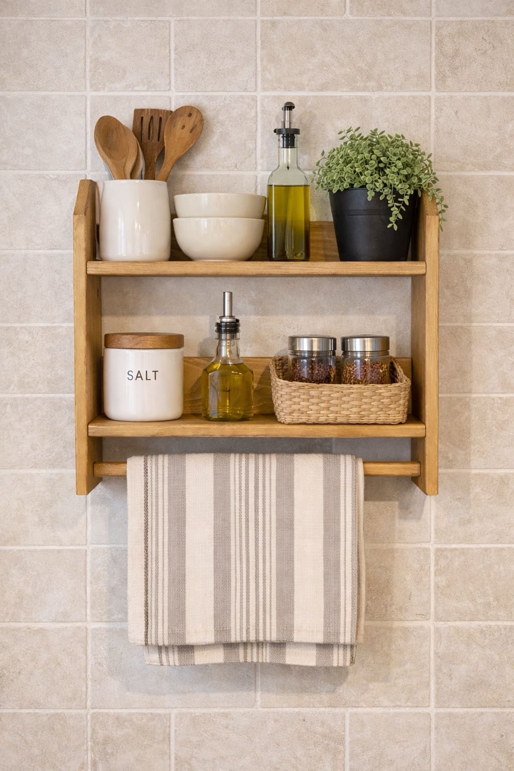 Handmade wooden kitchen wall shelf with integrated towel rail showing craftsmanship detail