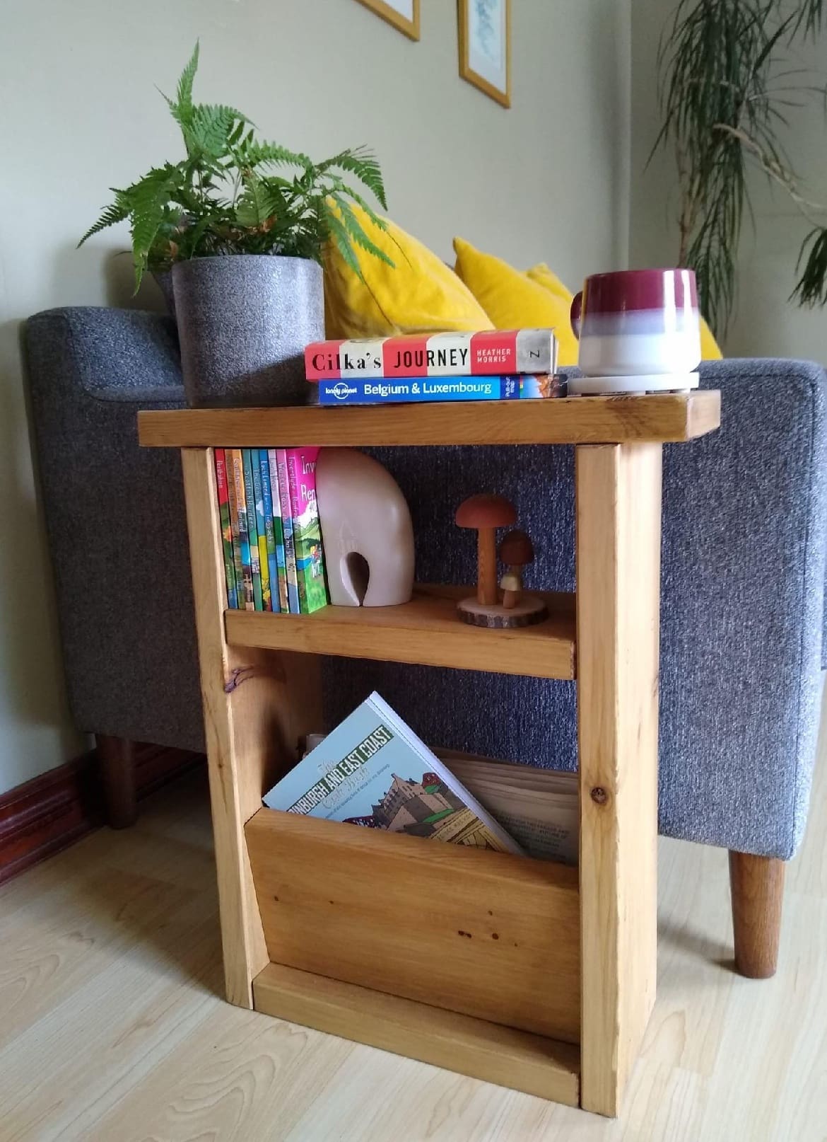 Rustic wooden slimline sofa side table with natural wood grain finish